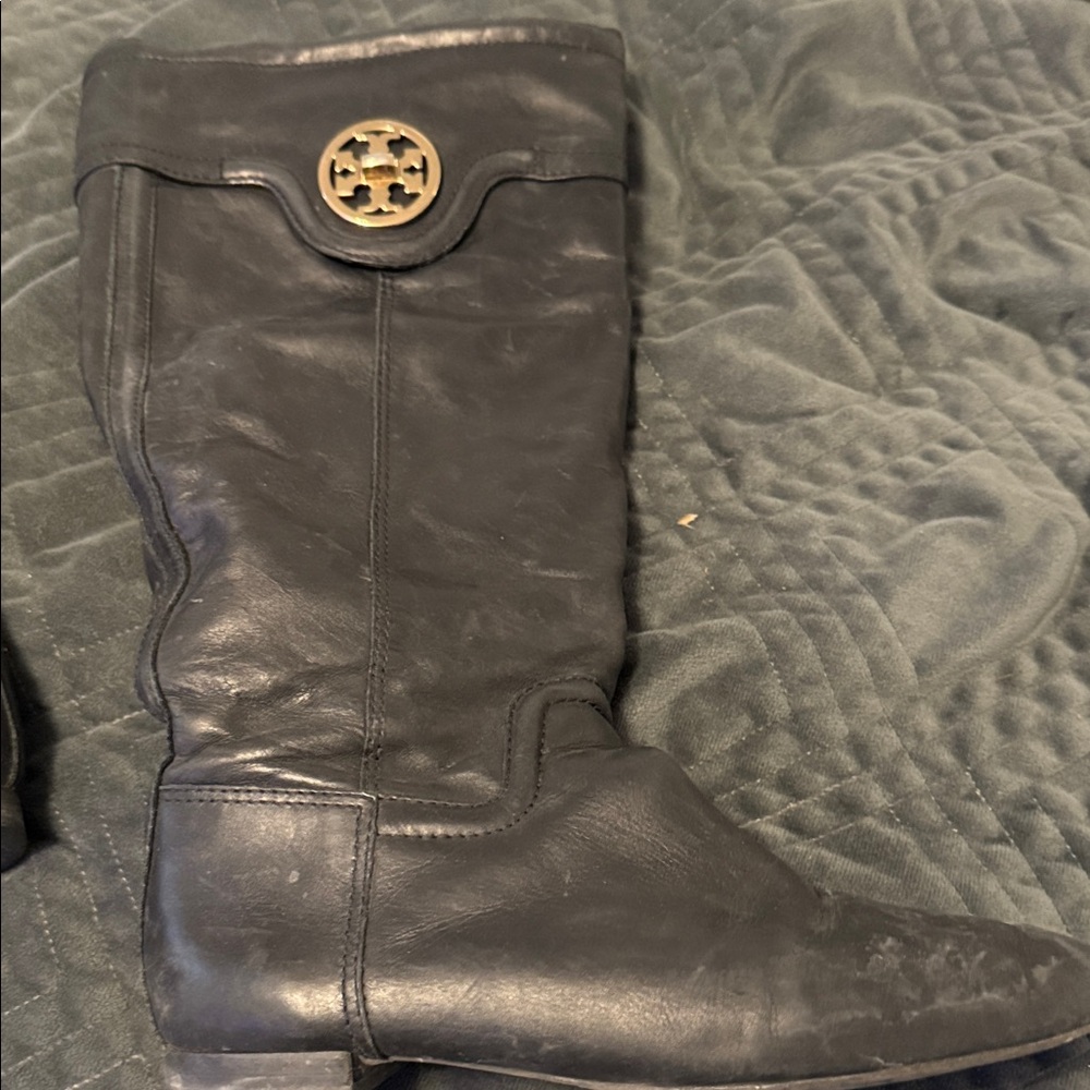 Tory Burch Black Leather Boots with Gold Accents